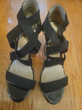 Ann Taylor Black Strappy Elastic Wedge Sandals